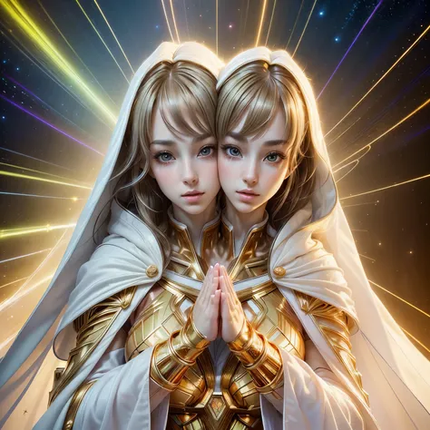 (masterpiece, top quality, best quality, official art, beautiful and aesthetic:1.2), (1girl), extreme detailed, (fractal art:1.3), colorful, highest detailed, perfect face, upper body, HDR, (praying:1.3), (white cloak golden lines:1.2), galaxy, (light stre...