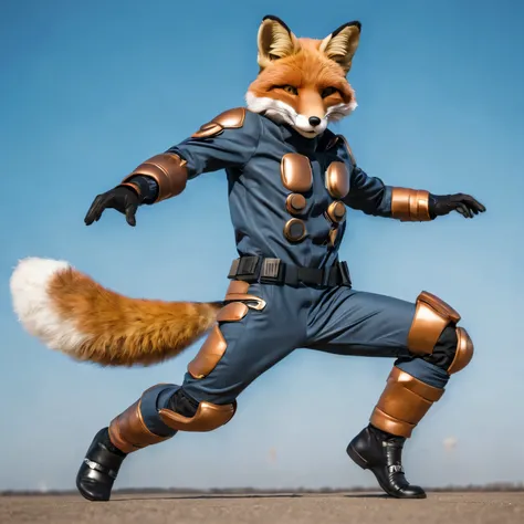 Realistic photo depicting a humanoid (anthropomorphic) superhero fox in a high-tech suit, Move action, full pose, whole body, dieselpunk, high detail, many image details, 8K, hyperrealistic