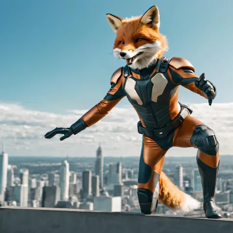 Realistic photo depicting a humanoid (anthropomorphic) superhero fox in a high-tech suit, Move action, full pose, whole body, Electropunk, high detail, many image details, 8K, hyperrealistic