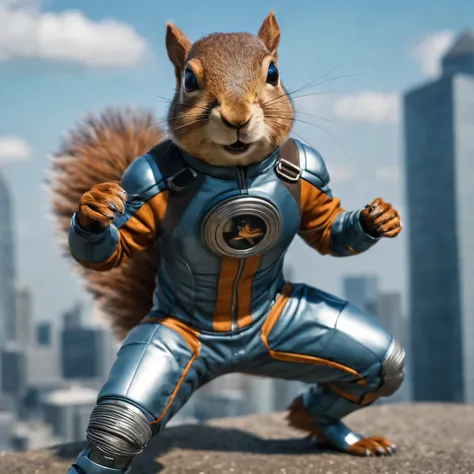 Realistic photo depicting a humanoid (anthropomorphic) superhero squirrel in a high-tech suit, Move action, dieselpunk, high detail, many image details, 8K, hyperrealistic