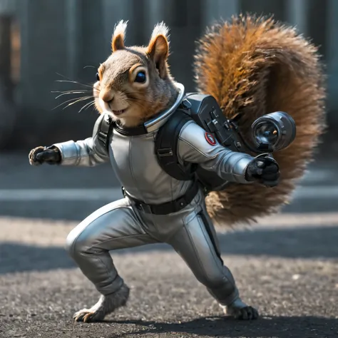 Realistic photo depicting a humanoid (anthropomorphic) superhero squirrel in a high-tech suit, Move action, dieselpunk, high detail, many image details, 8K, hyperrealistic