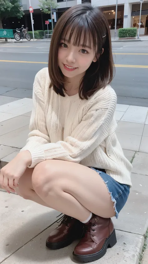 Photo taken by a professional photographer，laughter:1.5，Close-up of a woman squatting on the sidewalk, wearing a sweater, Short-cut brown hair, hair is disheveled，young and cute girl, Wearing a super super super super super super super mini skirt:1.5，Wear ...