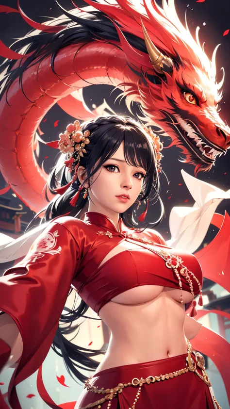 （（（完美figure，figure，red hanfu，Winter Hanfu，Chinese clothes,red clothes，red background,dragon，(Chinese fabric:1.2), hanfu， Dragon and girl，dragon帽兜，xuer lion head,Dragon，long hair，black hair，hair accessories，Chinese clothing，lantern，Oriental Dragon,（（（ailish...