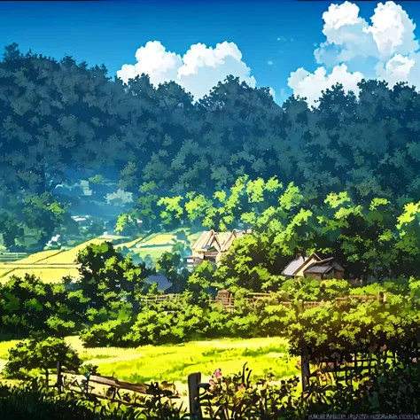 anime scenery of a farm with a fence and a house, anime countryside landscape, anime scenery, anime background art, beautiful anime scenery, anime scenery, studio glibly makoto shinkai, Makoto Shinkai&#39;s style, anime background, beautiful anime scene, a...