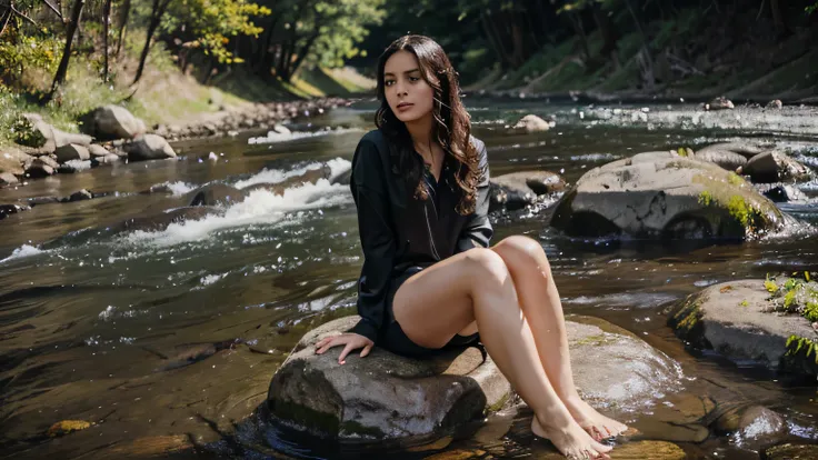 a girl with wet t shir sitting on rock on the river creek