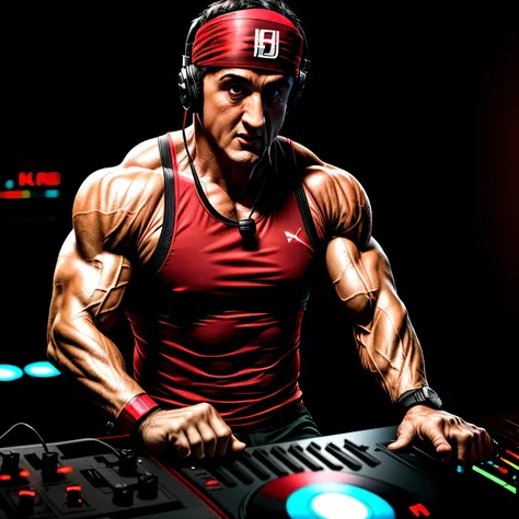 RAMBO , 4K , MACHINE GUNNING , DJ background, raytracing, subsurface scattering, diffused soft lighting, John Rambo wear red headband , DJ background, Sylvester Stallone, Rambo in a DJ booth wearing with headphones, Wearing a T-Shirt with words, (("RAMBO R...