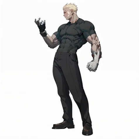 (((anime muscular male wearing black shirt))), (((mechanic left arm))), ((ryuji yamazaki)), (((short spiky white hair))), ((silicon lifeform)), covered in a long dark cloth, (cyborg), blame!, abara, knights of sidonia, white armor, gravity rush inspired, k...