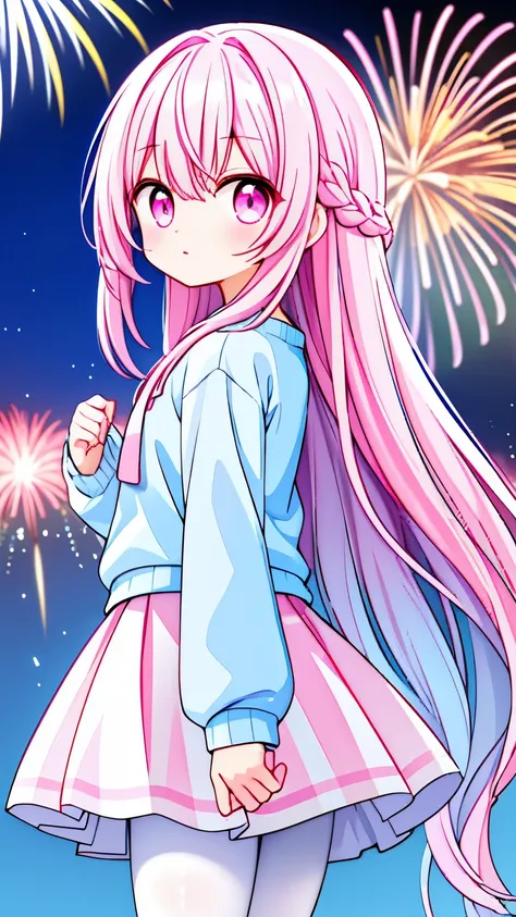 light blue long hair（1.2），Pink and white sweatshirt，white pantyhose，pink eyes，white skirt，for the audience，night background，fireworks