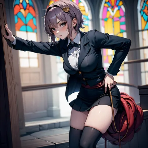 (Satori toho character:1.1), (solo), (standing), (stained glass), BREAK, short hair, (huge perky breasts), bursting breasts, (inconceivably thin waist:1.2), very long legs, BREAK, (black blazer:1.3), (black thighhighs:1.3), (very short black high-waist ski...