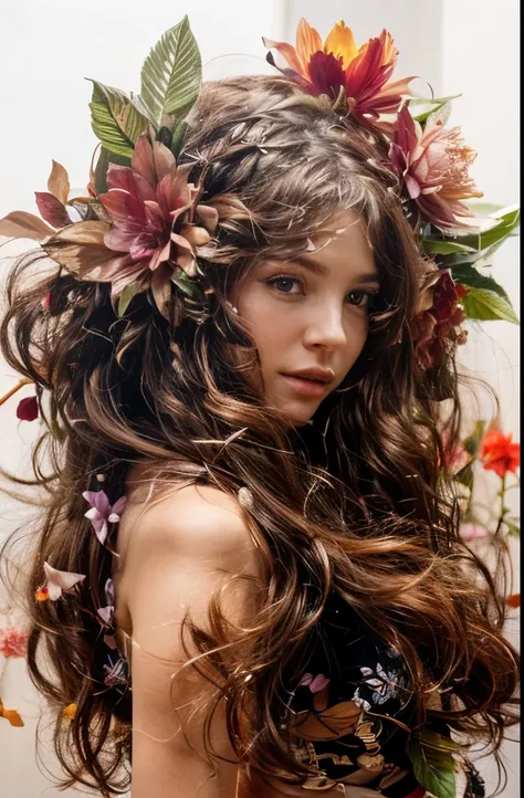 a woman with long hair and flowers in her hair, detailed face, detailed skin, detailed texture, detailed environment,