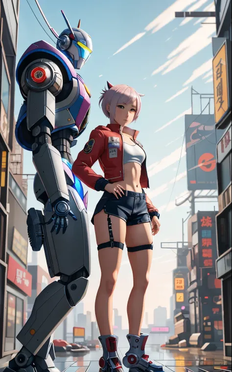 Anime girl in short shorts and jacket standing next to a giant robot, artwork in the style of Gweiz, cyberpunk anime girl mecha, trending on cgstation, Gweiz, Written by Russell Dongjun Lu, digital cyberpunk anime art, lost run 8k, Gweiz on artstation pixi...