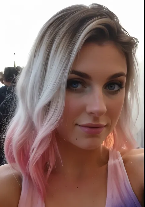 taken with iphone camera BREAK medium shot selfie of a pretty young Alexa Bliss BREAK (ombre:1.3) blonde pink BREAK film grain, medium quality