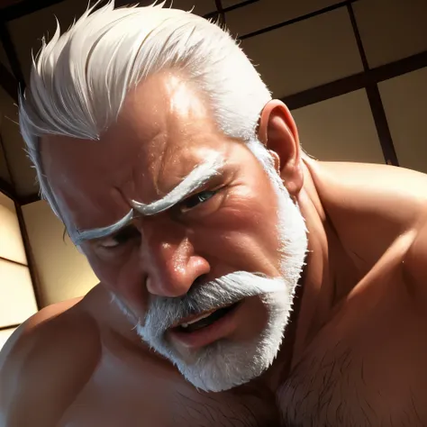 (highest quality:1.5), (masterpiece:1.5), (luxurious Japanese room:1.2), tatami, (Japanese:1.2), solo, hot guy, white combed back hair, short white beard, (macho:1.2), 65 years old, Completely naked, (expression of agony:1.2), erect penis, (close-up face:1...