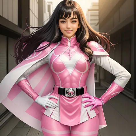 1 cute girl, (long dark hair with cute fringe),(pinkranger), (solo) (tight magenta bodysuit), (mini skirt), pink leggings, white...