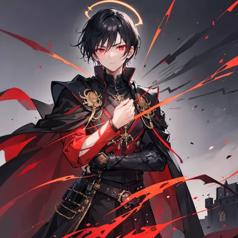 Handsome male, 17 years old, short black hair, glowing red eyes, galahad from fate, close up, calm expression, stoic, black military clothes, black cape, golden gloves, crossed arms, upper body, looking at viewer, cowboy shot, dark castle background