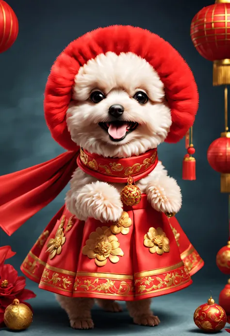 beautiful details，In ancient China, A super cute smiling poodle puppy，Wear a bright red wedding dress. Dog Bride is an avatar, Wearing a red scarf on the head，Wear gold jewelry on your head, pixelated style (Anthropomorphic standing pose), Charming big eye...