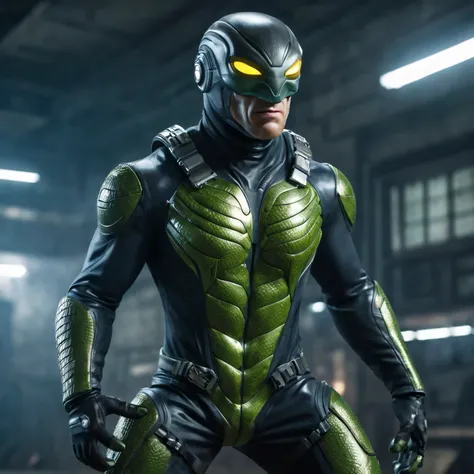 Realistic photo depicting a humanoid (anthropomorphic) anaconda superhero in a high-tech suit, Move action, full pose, whole body, dieselpunk, high detail, many image details, 8K, hyperrealistic