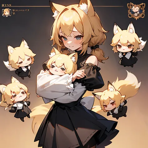 Female, adult, black skirt, blushing, black attire, small shirt, small sleeves, puffy sleeves, exposed shoulders, black leggings, short and fluffy hair, blonde hair, fox ears, fox tail, fluffy tail, only one tail, pigtail bangs, gentle smile, smaller waist...