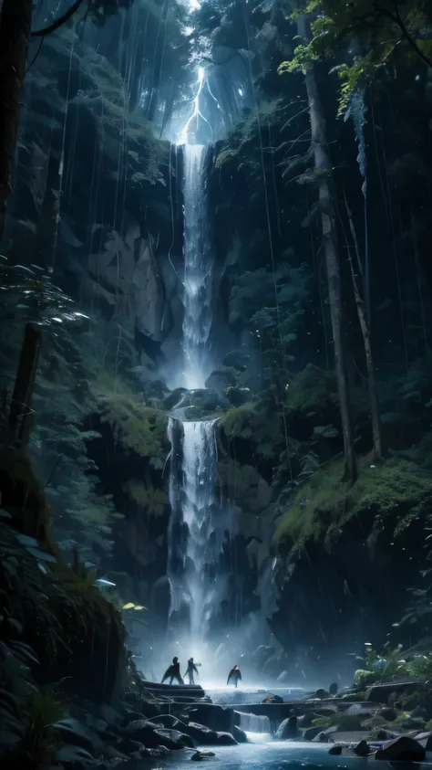 A beautiful woman of the forest with silvery hair, emerges from a waterfall in a dark, magical and dangerous forest, rain pours over her wet skin, large breasts, hairy pussy, blue lightning flashes overhead, ((uhd)) unreal details, absurd, 8k, extreme wide...