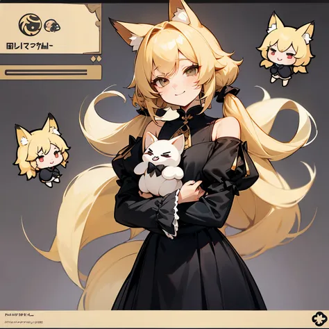 Female, adult, black skirt, black attire, small shirt, small sleeves, puffy sleeves, exposed shoulders, black leggings, short and fluffy hair, blonde hair, fox ears, fox tail, fluffy tail, only one tail, pigtail bangs, gentle smile, smaller waist, characte...