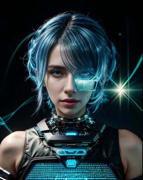 breathtaking photo of a cybernetically enhanced hacker, her vibrant blue hair cascading over her shoulders, immersed in the glow of her holographic interface, each pixel of her augmented reality glasses reflecting the pulsating energy of the digital realm,...