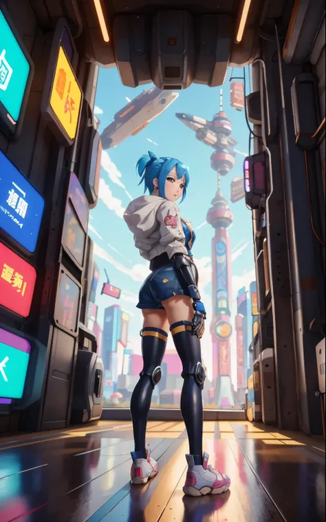 Anime girl in short shorts and jacket standing next to a giant robot, artwork in the style of Gweiz, cyberpunk anime girl mecha, trending on cgstation, Gweiz, Written by Russell Dongjun Lu, digital cyberpunk anime art, lost run 8k, Gweiz on artstation pixi...