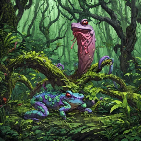 (a creepy toad, enormous, brightly colored, tentacle tongue) stalks through an ancient forest