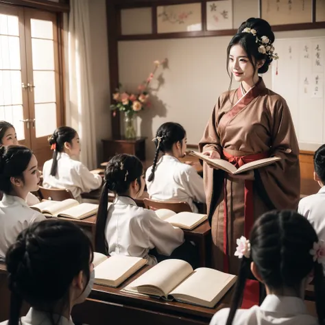 a young boy with，children thai school uniform, teachers hanfu costume ，teacher's day，holiday poster，cheerfulness，ssmile，chinese ...