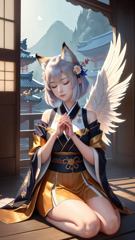 masterpiece , highest quality,close up of face,Mysterious,Two big angel wings sitting on the floor,seiza,pray,close your eyes,whole body,Only one person,precision quality,beautiful short hair, masterpiece, japanese architectureの背景,beautiful details, colorf...