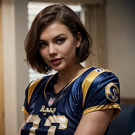 Amateur photo of a gorgeous woman teasing, looking at viewer, ((tongue out)) , sexy, plump, perfect body, (oversized american football jersey), (((LA rams jersey))), girl next door, white skin, subtle smile, lips apart, red lipstick, black eyeliner, face (...