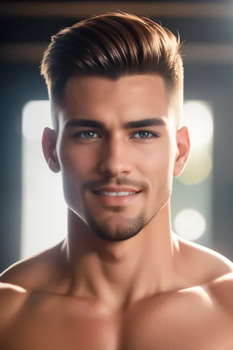 Photo of a male model, fitness, ((Portrait)), ((Detailed face:1.2)), ((defined jawline and chiseled features)), ((strong facial hair Growth)), (toned body), wearing only a pair of fitted athletic shorts, (warm color tone), Bright, Well-lit environment, ((l...