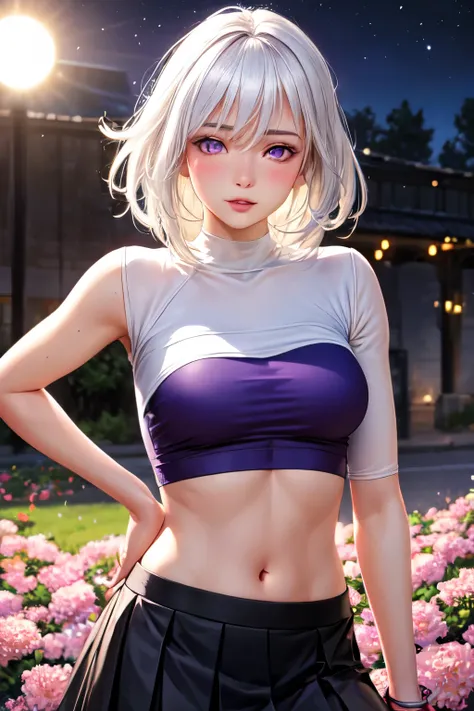 realistic, 1girl, white hair, purple eyes, glowing eyes, crop top, skirt, parted lips, blush, night, flowers, sun, sunlight,