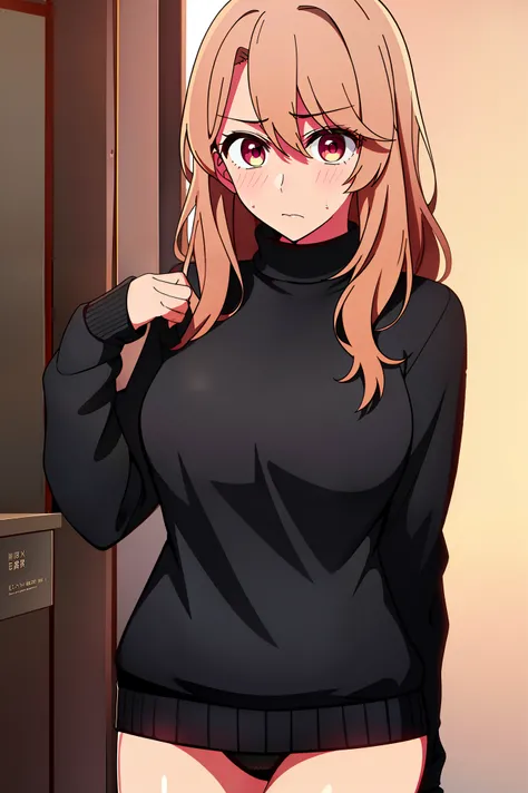 1 girl, sweater, underwear, black underwear, High quality, embarrassed, hiding her underwear by pulling the sweater, beautiful, detailed eyes,  perfect 