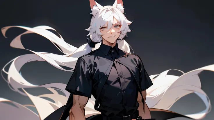 Male, mature adult, black pants, black attire, fluffy coat, somewhat tight button-up shirt, short sleeves, broad shoulders, black and navy blue belt, short and fluffy hair, white hair, long double pigtail bangs, fox ears, cocky smile, simple background, ba...