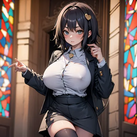 (Satori toho character:1.1), (solo), (standing), (stained glass), BREAK, short hair, (huge perky breasts), bursting breasts, (inconceivably thin waist:1.2), very long legs, BREAK, (black blazer:1.3), (black thighhighs:1.3), (very short black high-waist ski...