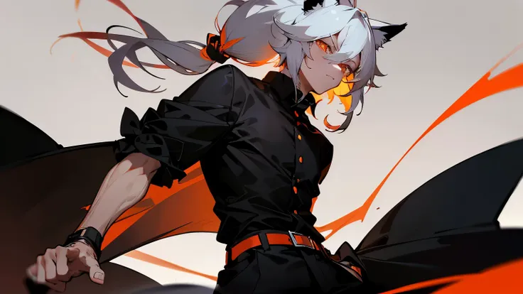 Male, mature adult, black pants, black attire, fluffy coat, somewhat tight button-up shirt, short sleeves, broad shoulders, black and orange-red belt, short and fluffy hair, white hair, long double pigtail bangs, fox ears, simple background, bands on wrist...