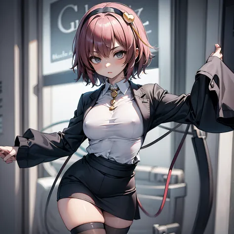 (Satori toho character:1.1), (solo), (standing), (stained glass), BREAK, short hair, (huge perky breasts), bursting breasts, (inconceivably thin waist:1.2), very long legs, BREAK, (black blazer:1.3), (black thighhighs:1.3), (very short black high-waist ski...