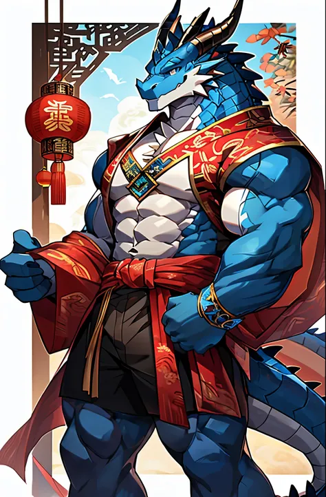 masterpiece, Anthropomorphic blue dragon, There is a pair of black dragon horns, blue eyes, Blue dragon scales, 1 tail, The body is very muscular, nice,  smiling, Chinese New Year