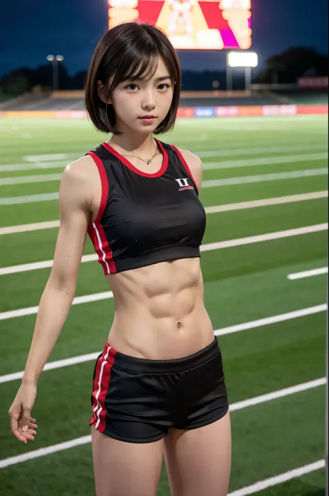 raw photos, directly front shot, look at the viewer, immature junior high school student, 1 japanese girl, wearing a sleeveless darkred track and field uniform, exposing an abdomen, full body shot, slim body, (six pack abs:1.2), veryshort black hair, , bar...