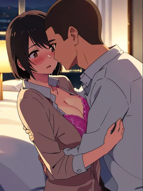 1boy, buzzcut, school uniform, face to face, cheek kissing, hug, 1girl, mitsuha miyamizu, open mouth, black hair, short hair, blush, brown eyes, collared shirt, white long sleeve, unbuttoned shirt, open shirt, light pink bra, cleavage, medium breast, indoo...