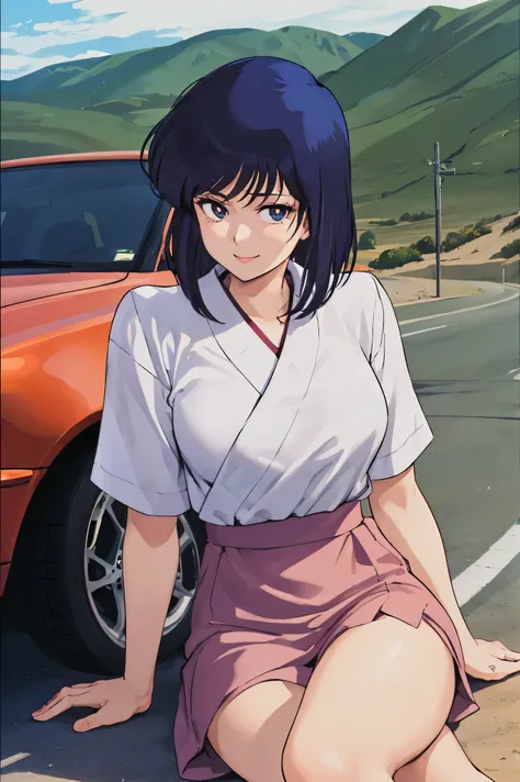 saeko, 1girl, solo, upper body, sitting on car, cross legs , side of road, desert, looking at viewer, smile, perfect quality, go...