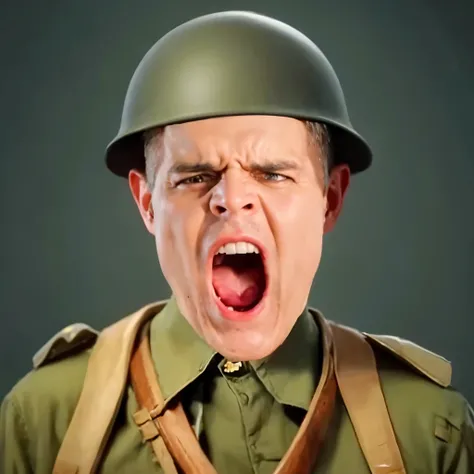 US man in a military uniform with a helmet on, soldier, he is screaming and very angry, solo male weary soldier, ww2, ww 2, fight ww 1, ww2 era, an angry muscular army general,  soldier helmet, very realistic image, 16k resolution, very detailed