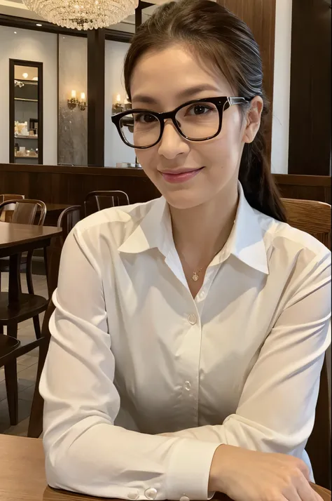 masterpiece, best quality, photorealistic, extremely detailed, portrait:1.1, a beatiful woman, high ponytail, white shirt, glasses:1.1, sitting at a table, in a luxurious cafe, looking at viewer, perfect hands:1.1, perfect fingers:1.1, detailed faces, beau...