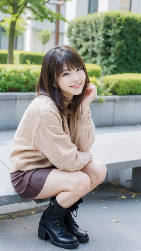 Photo taken by a professional photographer，laughter:1.5，Close-up of a woman squatting on the sidewalk, wearing a sweater, Short-cut brown hair, hair is disheveled，young and cute girl, Wearing a super super super super super super super mini skirt:1.5，Wear ...