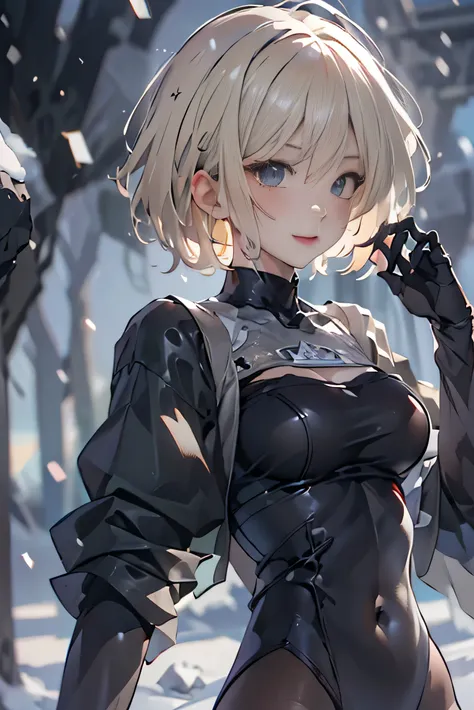 (photorealistic:1.5, highest quality,masterpiece,High resolution,muste piece),(snow mountainに立つ,NieR Automata 2B:1.9,choker), (looking at the camera:1.2),(Photo seen from below:1.3),(short Hair:1.2,Light blonde hair:1.5), expression( Contented Smile:1.3,bl...