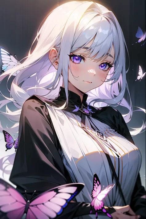 A beautiful woman has a butterfly on her hand.，long silver white hair，light purple eyes，black dress，decorations，emotion , soft smile，Full HD，Cinematic texture，light，draw carefully，atmospheric ,details, details cg มาก , light from behind, (studio light),(br...