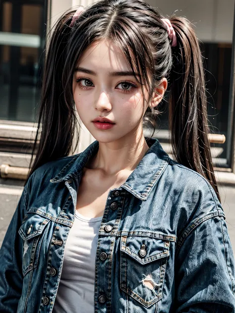 idol, twintails, wearing a denim jacket and white t-shirt, symmetrical eyes, ultra highres, photorealistic, 8k, hyperrealism, dramatic lighting, photography, soft pink lipstick, perfect anatomy, 28 y.o.
