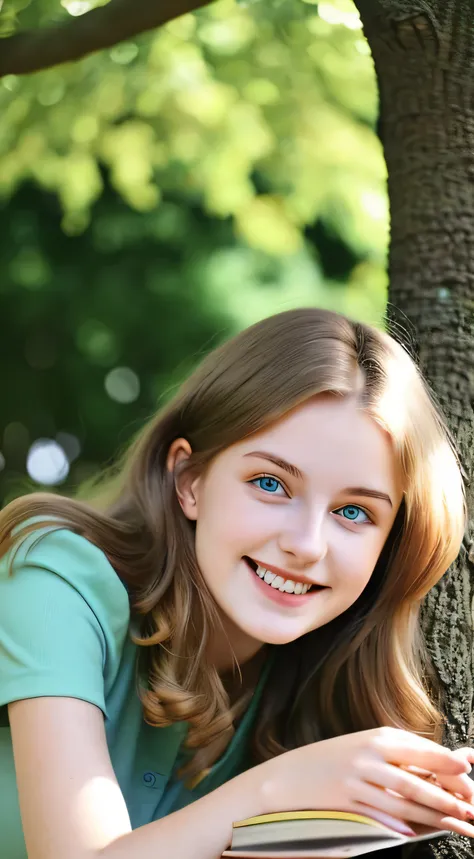 masterpiece, best quality, ultra-detailed), portrait of an 18-year-old woman with light brown hair, curled green eyes, beige blouse and blue jeans smiling blue shorts sung from under a tree (leaning against the tree) and reading a brown book -auto utra rea...