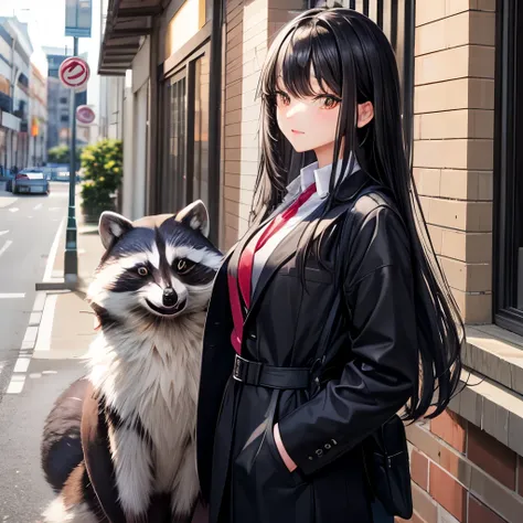 Tall beautiful raccoon dog with black hair at school