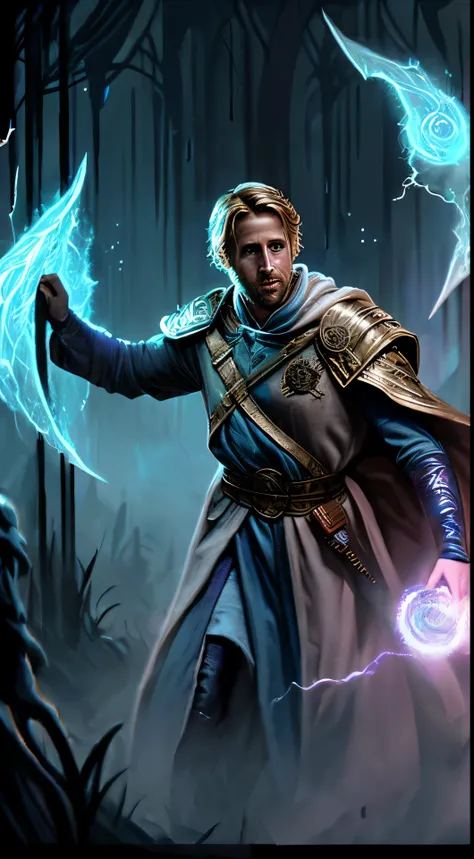 Ryan Gosling in wizard robes, cryomancer, D&D art, fantasy art, by Seb McKinnon, detailed, trending on ArtStation, Magic: The Gathering